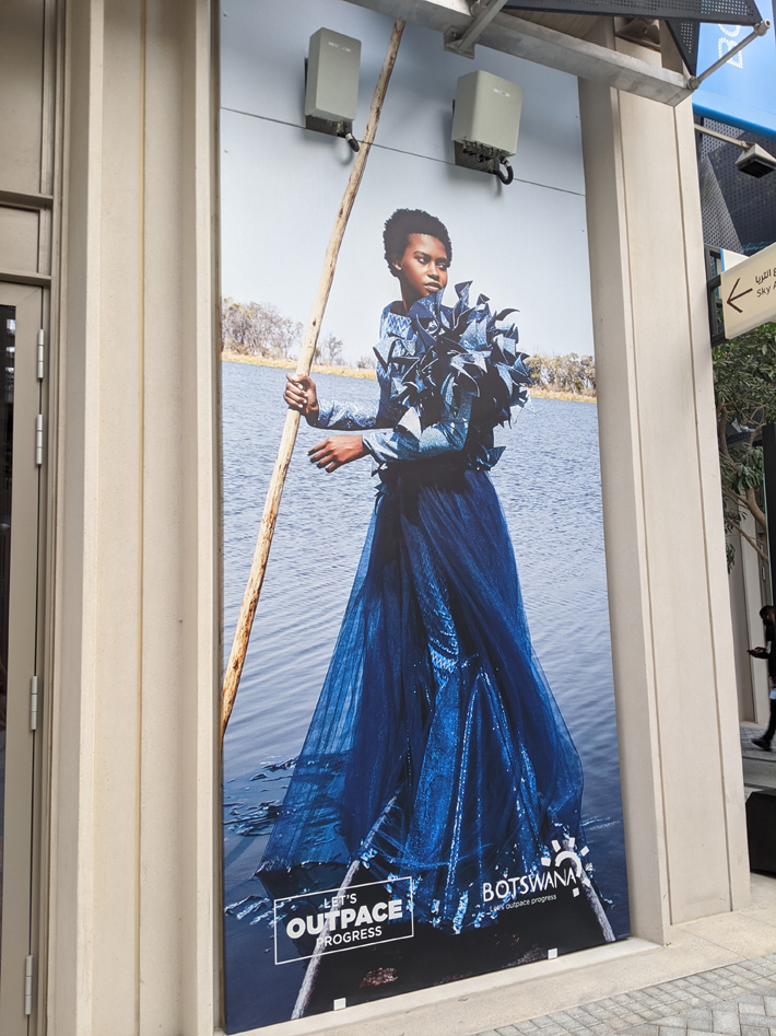 Large, high-fashion images outside of the Botswana Pavilion at expo 2020