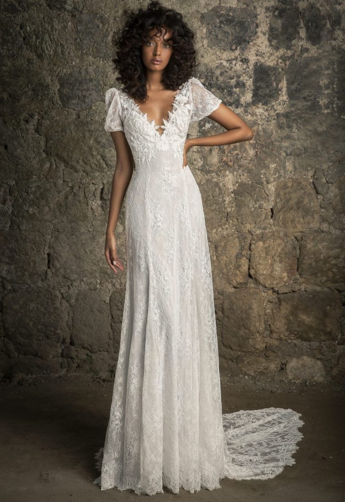 Pnina Tornai | Kleinfeld Bridal puff sleeve v neckline empire waist chantilly lace sheath wedding dress 4876t Bridgerton wedding dresses