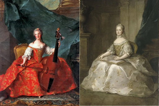 (L) Madame Henriette cantand la Viola da Gamba (R) Portretul Mariei Josepha a Saxonia (1731–1767), Dauphine a Frantei (Colectia Chateau de Versailles prin Wikimedia Commons)