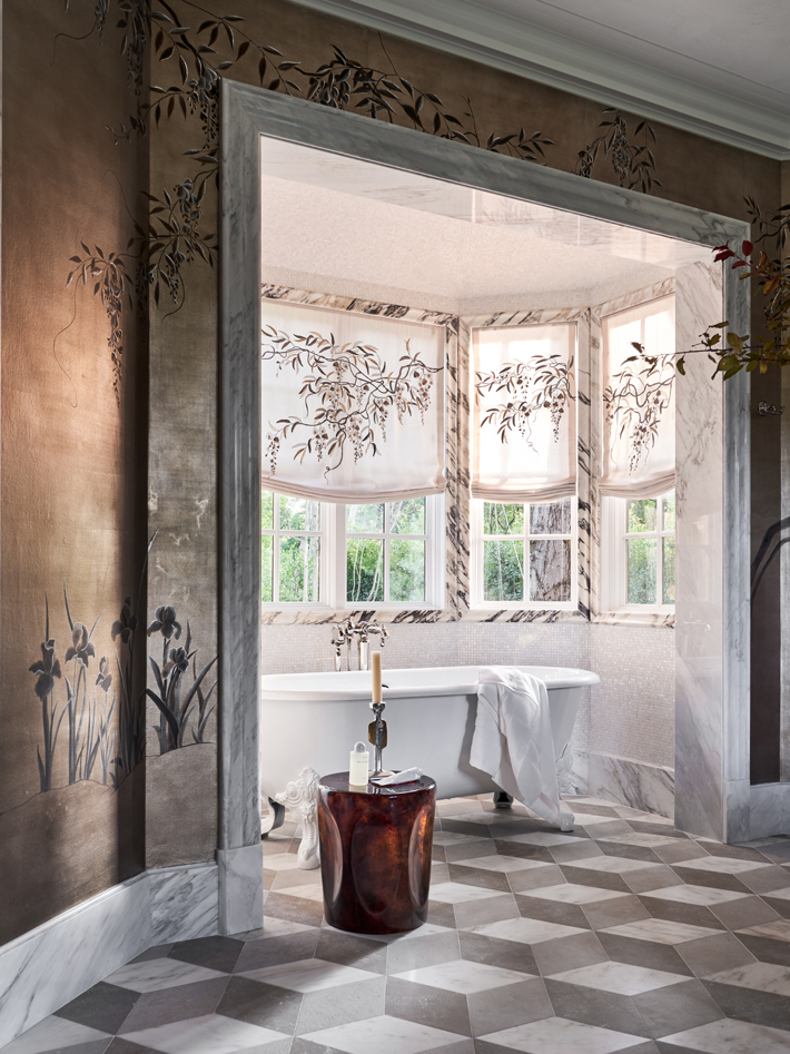 kips bay showhouse doniphan moore master bathroom design with floral wallpaper