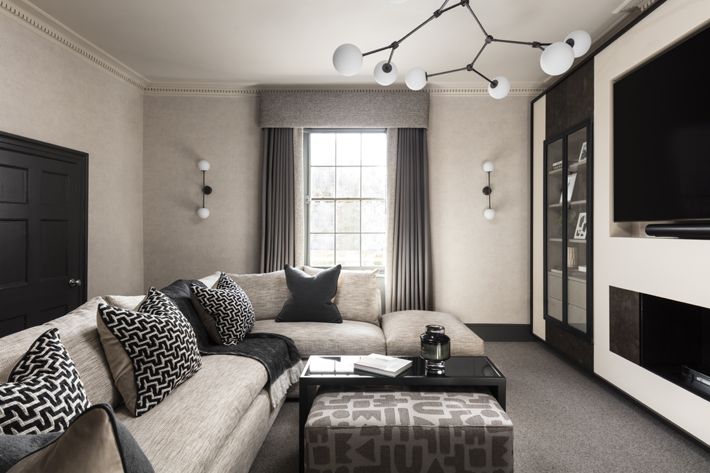 media room living room neutral mid-century modern rachel usher