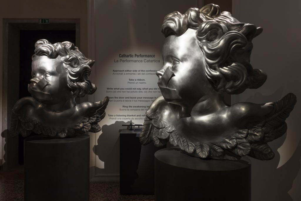Two of the angel statues within the installation by Rachel Lee Hovnanian