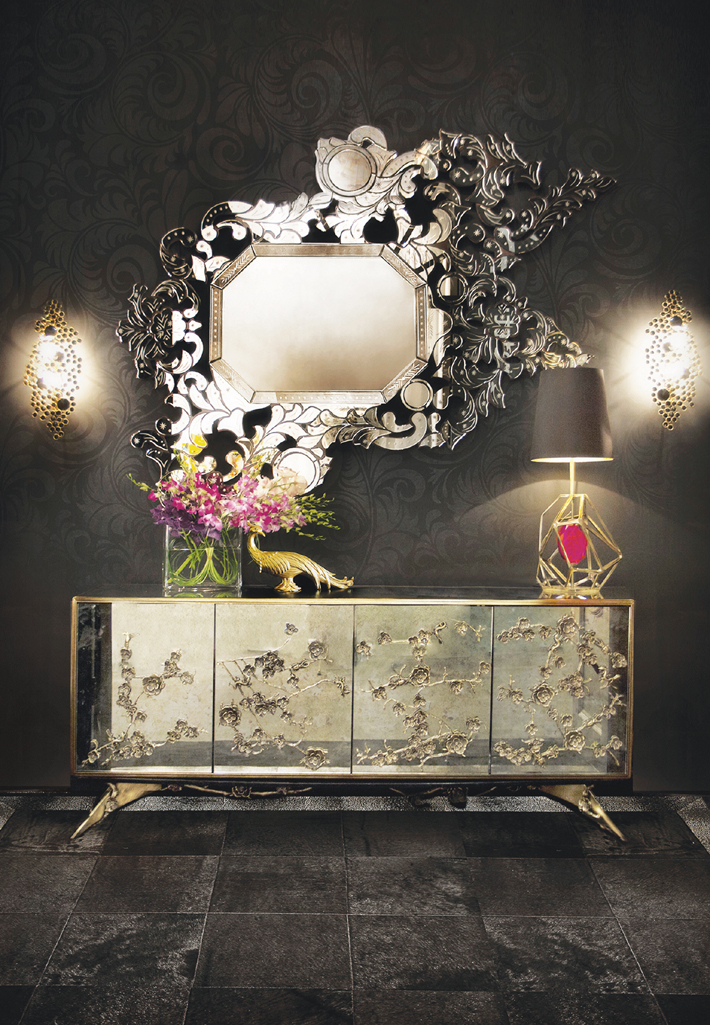 Styling with KOKET Addicta Mirror, Gem Table Lamp, Eternity Sconce, and Spellbound Cabinet 