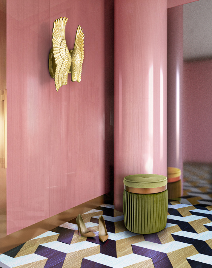 Interior by KK by KOKET bird feather wing sconce gold velvet ruched pouf luxury upholstery