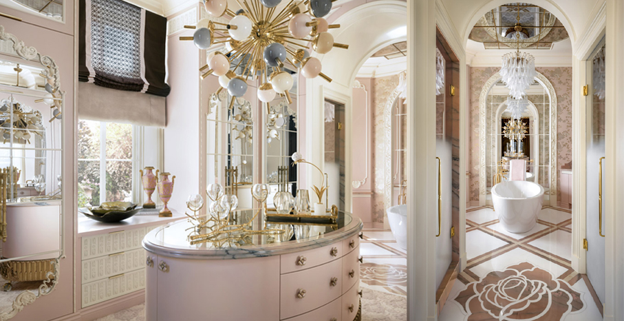 luxury closet design with bathroom in pink and white