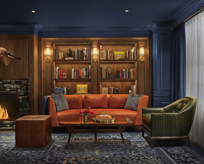 colorful living room library The Newbury Library, Interior by Champalimaud Design (Photo by Nikolas Koenig)