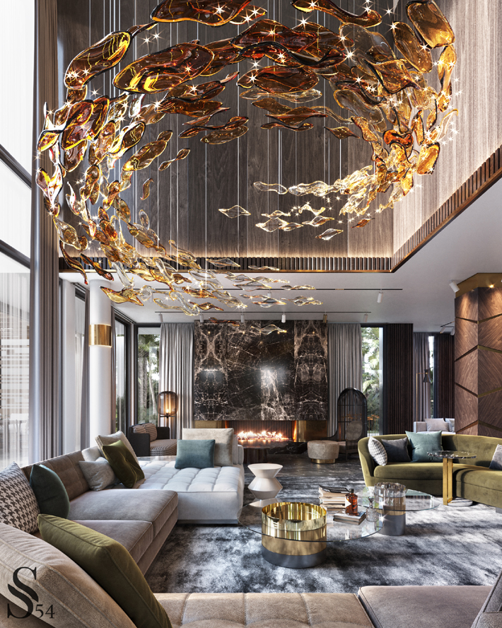 villa in moracco by studia 54 olga ivanova design luxury living room fireplace statement lighting earth tones