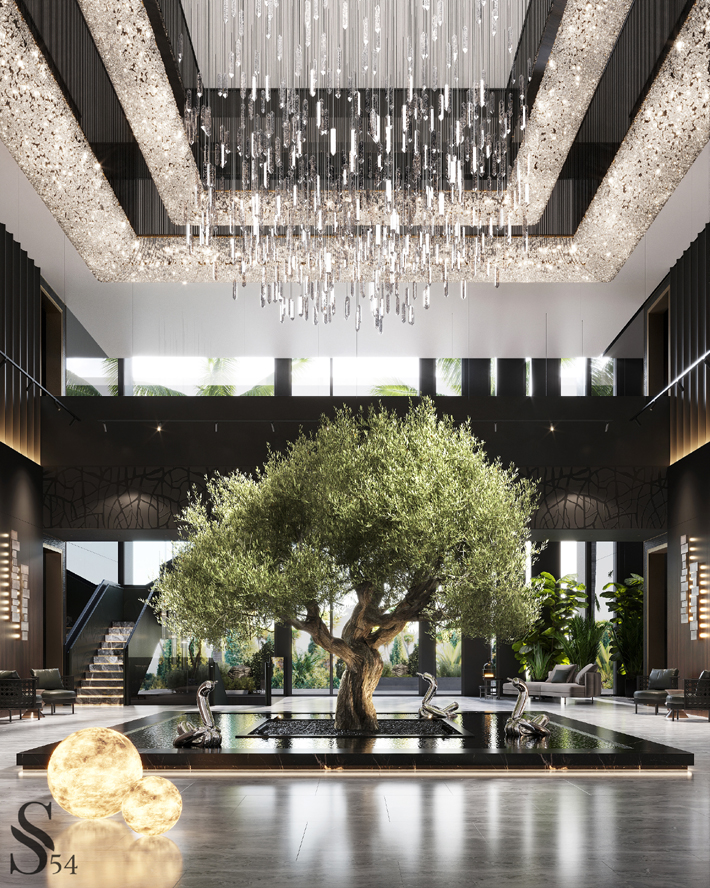 luxury lobby design with tree by olga ivanova
