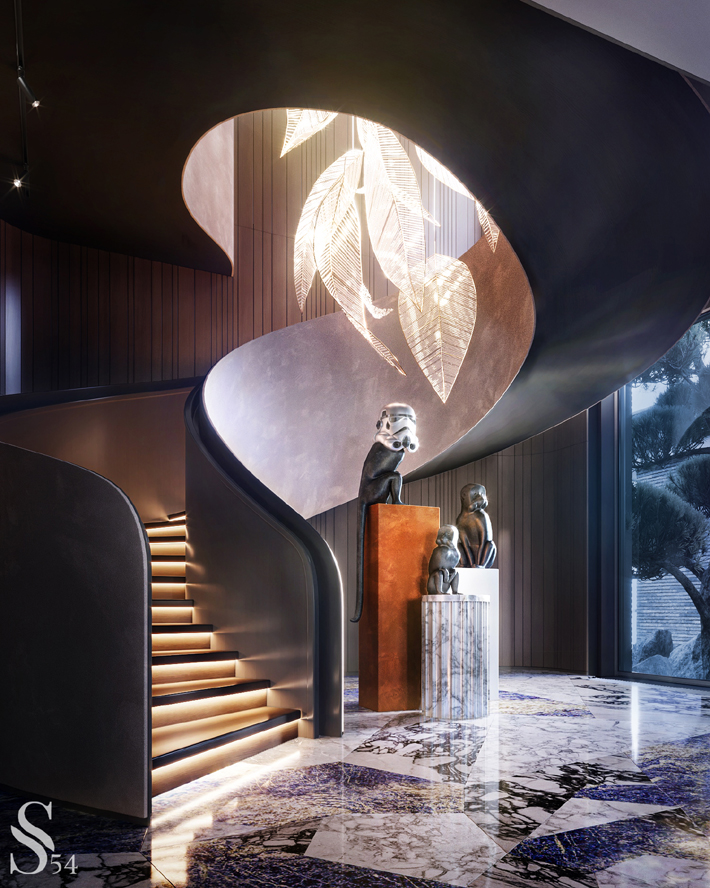marble staircase with statement chandelier design and monkey statues by olga ivanova