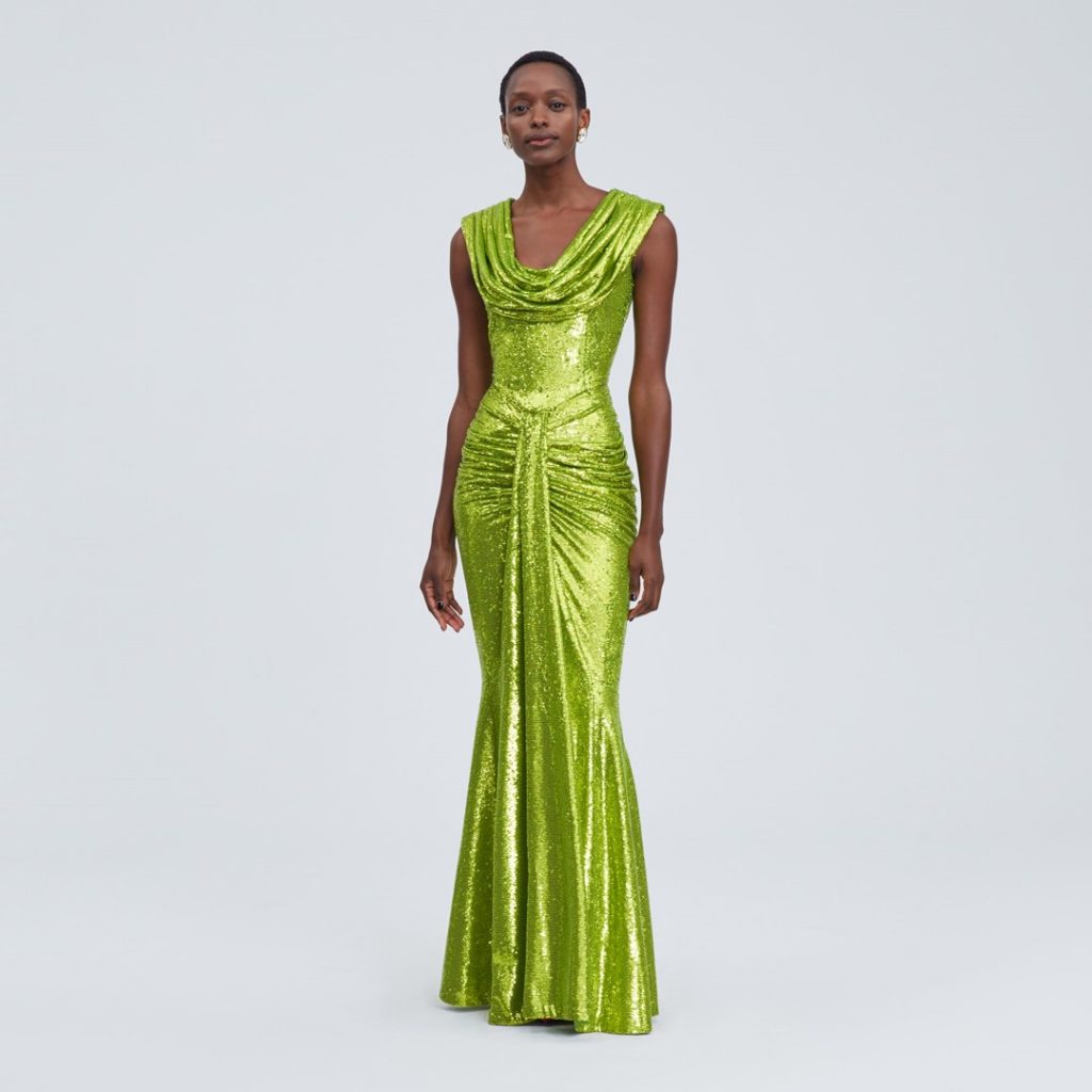LBV SEQUIN COW NECK GOWN IN CHARTREUSE
