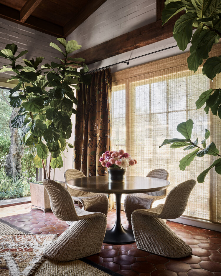 bohemian breakfast dining Rainn Wilson & Holiday Reinhorn residence designed by Interior Archeology Spanish Hacienda (Featured in AD Online / Photos by Douglas Friedman)
