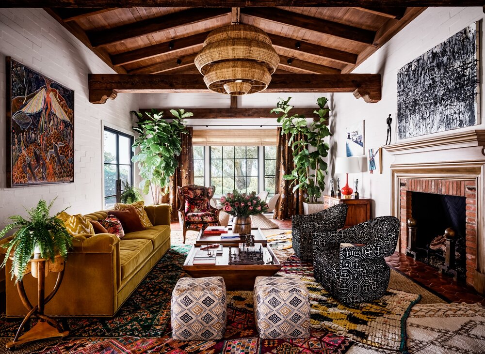 living room bohemian Rainn Wilson & Holiday Reinhorn residence designed by Interior Archeology Spanish Hacienda (Featured in AD Online / Photos by Douglas Friedman)