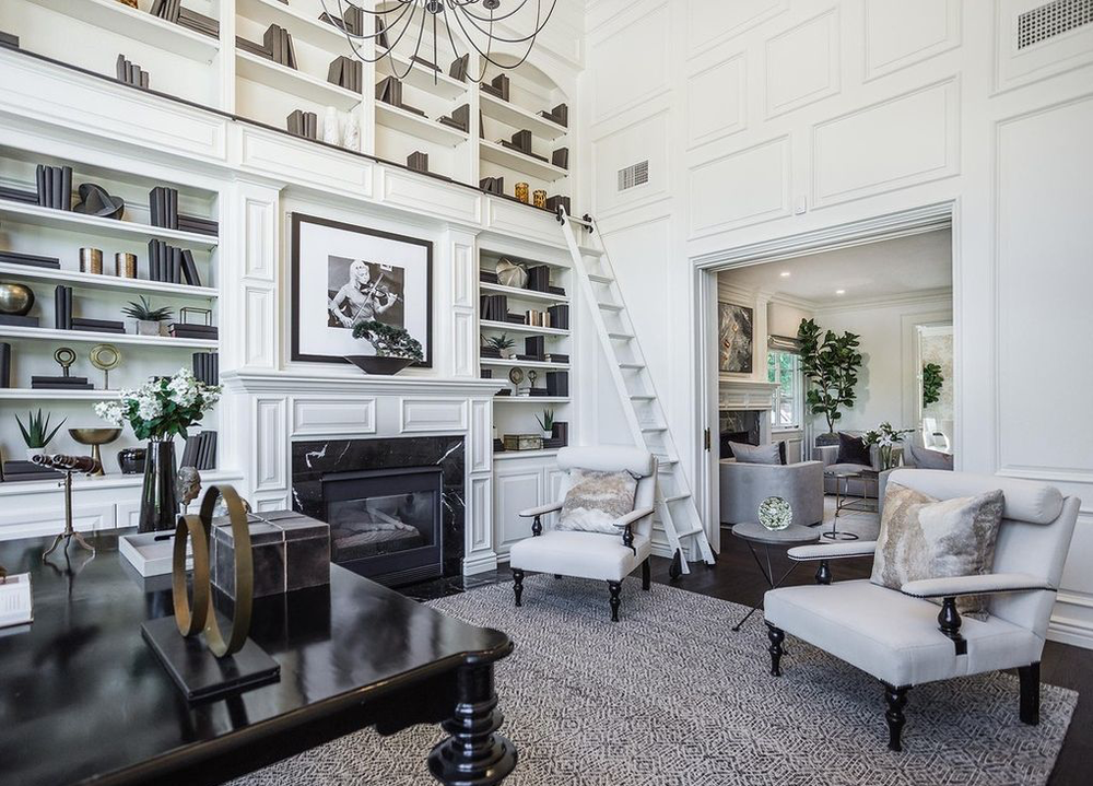 Hidden Hills project by Interior Archeology transitional design living room fireplace black white gray