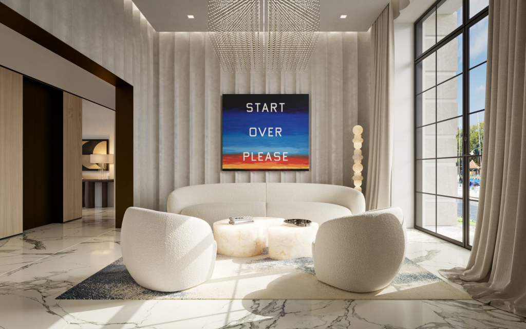 Zhizu Yacht Villas axis mundi contemporary modern white living room with art that says start over please