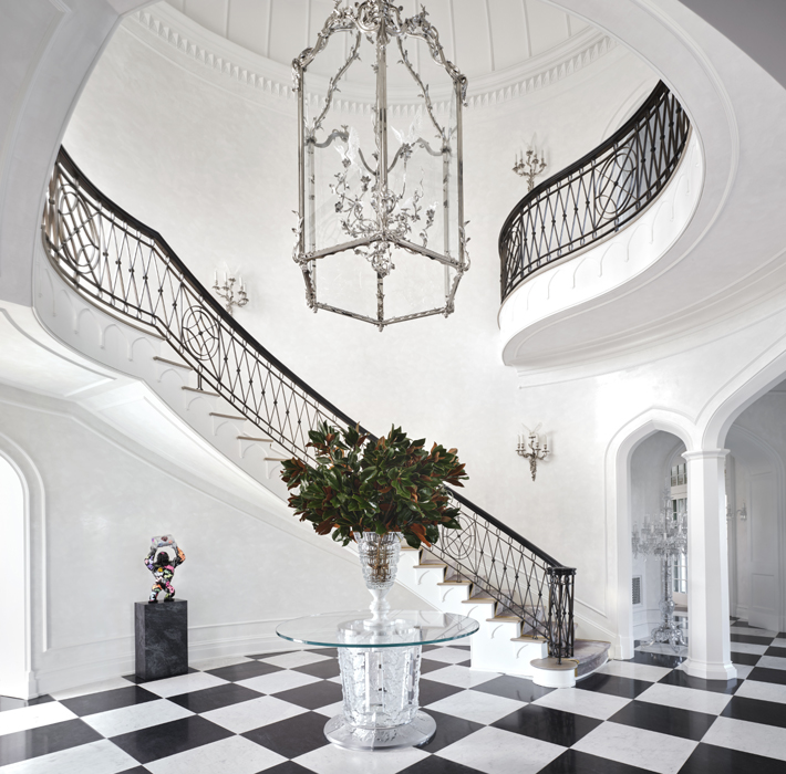 michelle gerson foyer design with lalique table and tisserant chandelier