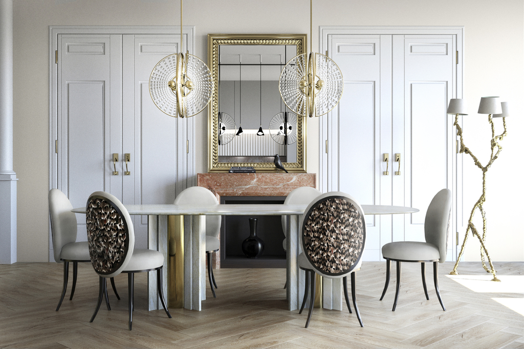 organic modern interior style - Paris Oval Table in Marble with Merveille Dining Chairs upholstered in Foile Feathers by KOKET