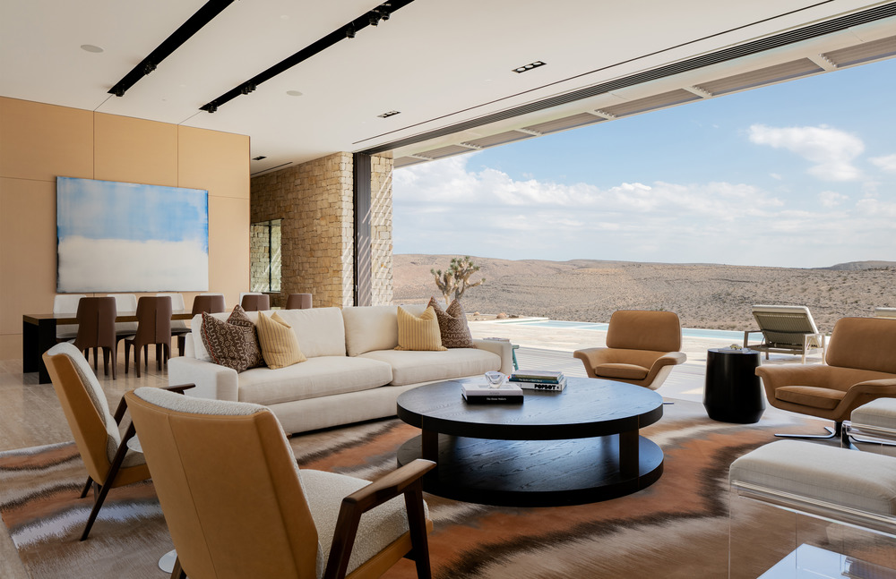 desert inspired lounge living room open to outdoors las vegas valley