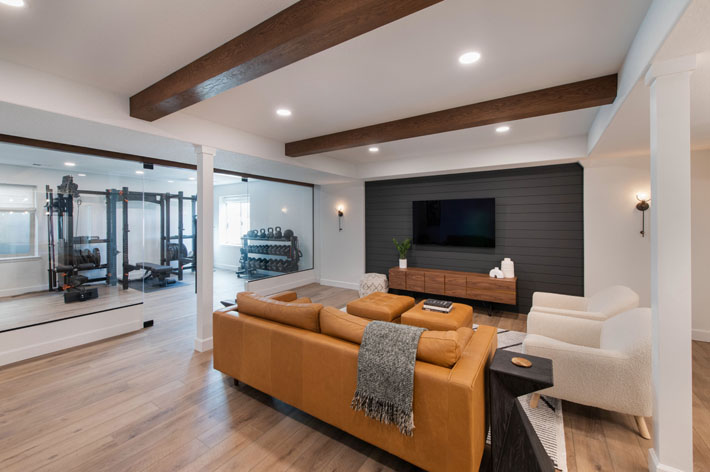 Ashlie Adam Interiors, Denver, Colorado basement lounge and gym