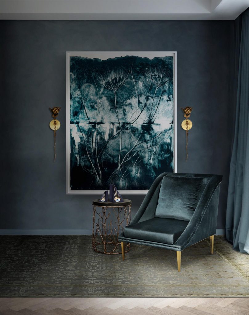 blue geisha chair in monochromatic interior design by koket calming