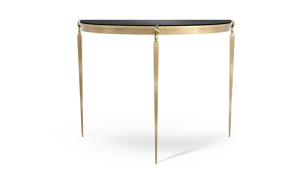 giselle demi-lune console with brass hands and marble top