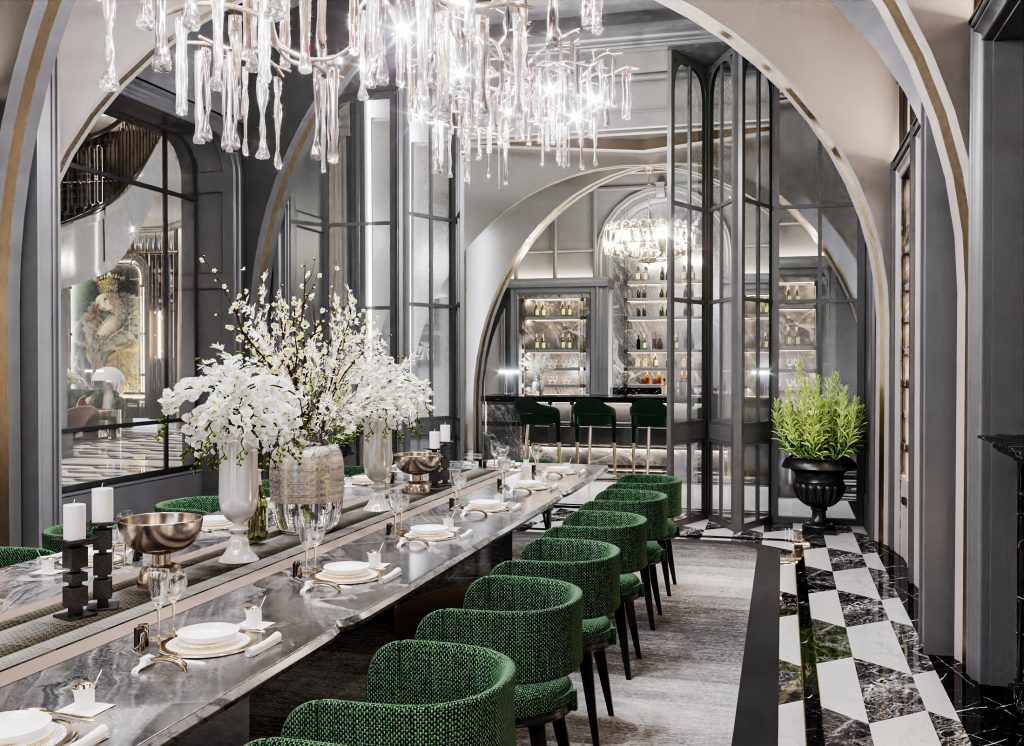Long dining table with silver and green accents by Double V Space top interior designer thailand