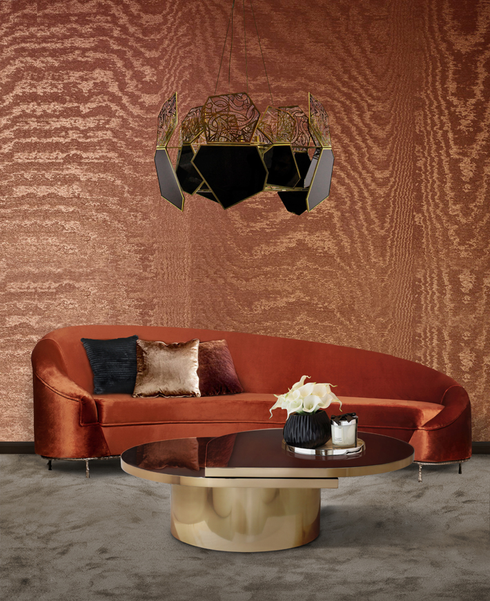 retro renovation ideas - burnt orange moire wallpaper - koket curved vamp sofa - hypnotic chandelier - tears cocktail table