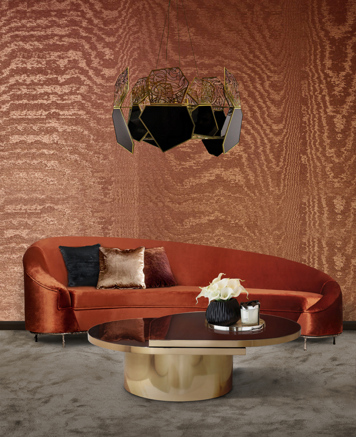 retro renovation ideas - burnt orange moire wallpaper - koket curved vamp sofa - hypnotic chandelier - tears cocktail table