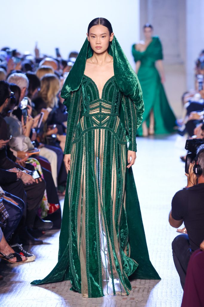 Paris Haute Couture Week Fall Winter 2023 24 Elie Saab royal green gown with felt hood