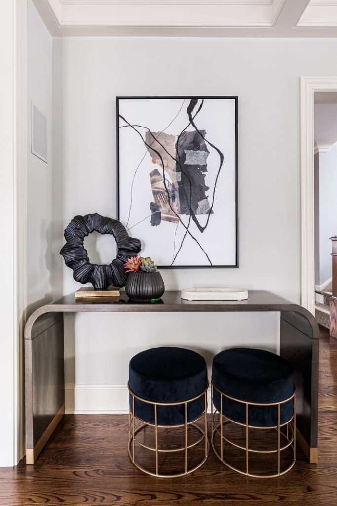 Stanley Residence desa design studio waterfall console table dana silver luxury foyer design