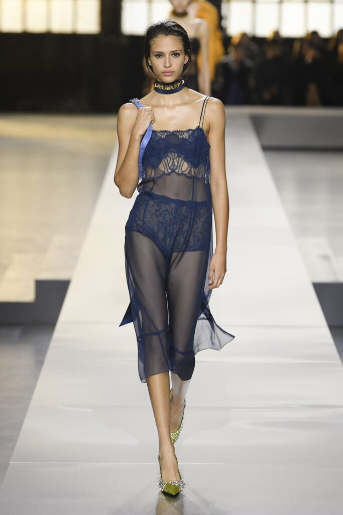 Model on the runway at Gucci RTW FW 2024 as part of Milan Ready to Wear Fashion Week held on February 23, 2024 in Milan, Italy. (Photo by Giovanni Giannoni/WWD via Getty Images)