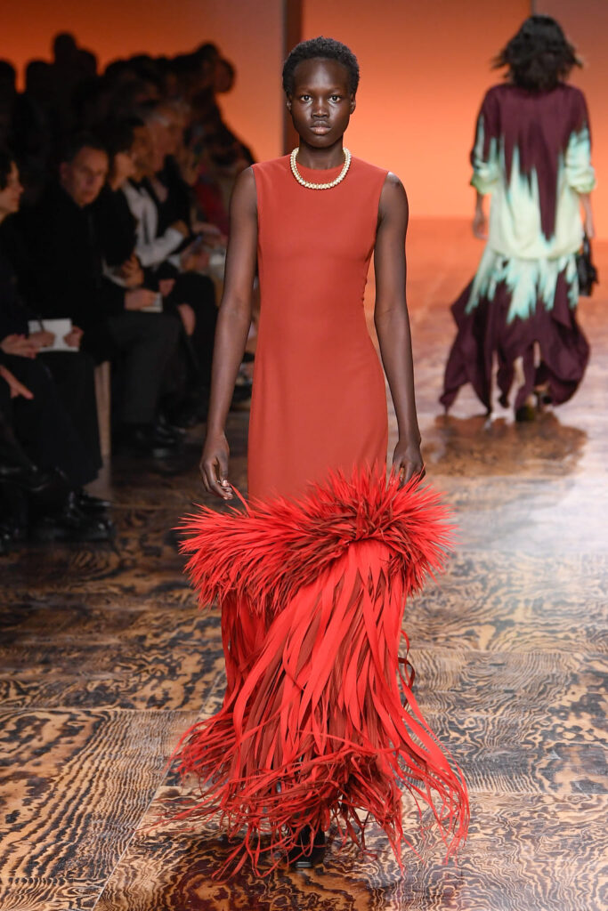 Model on the runway at Bottega Veneta RTW FW 2024 as part of Milan Ready to Wear Fashion Week on February 24, 2024 in Milan, Italy. (Photo by Giovanni Giannoni/WWD via Getty Images)