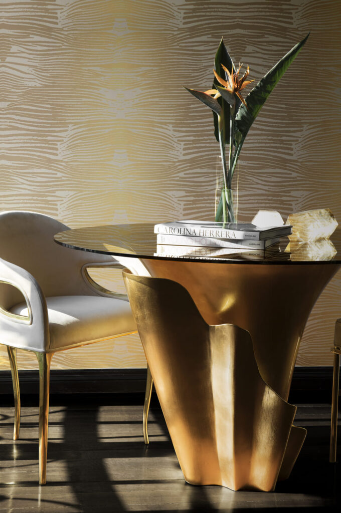 yasmine table by koket in gold leave - luxury lounge interior design