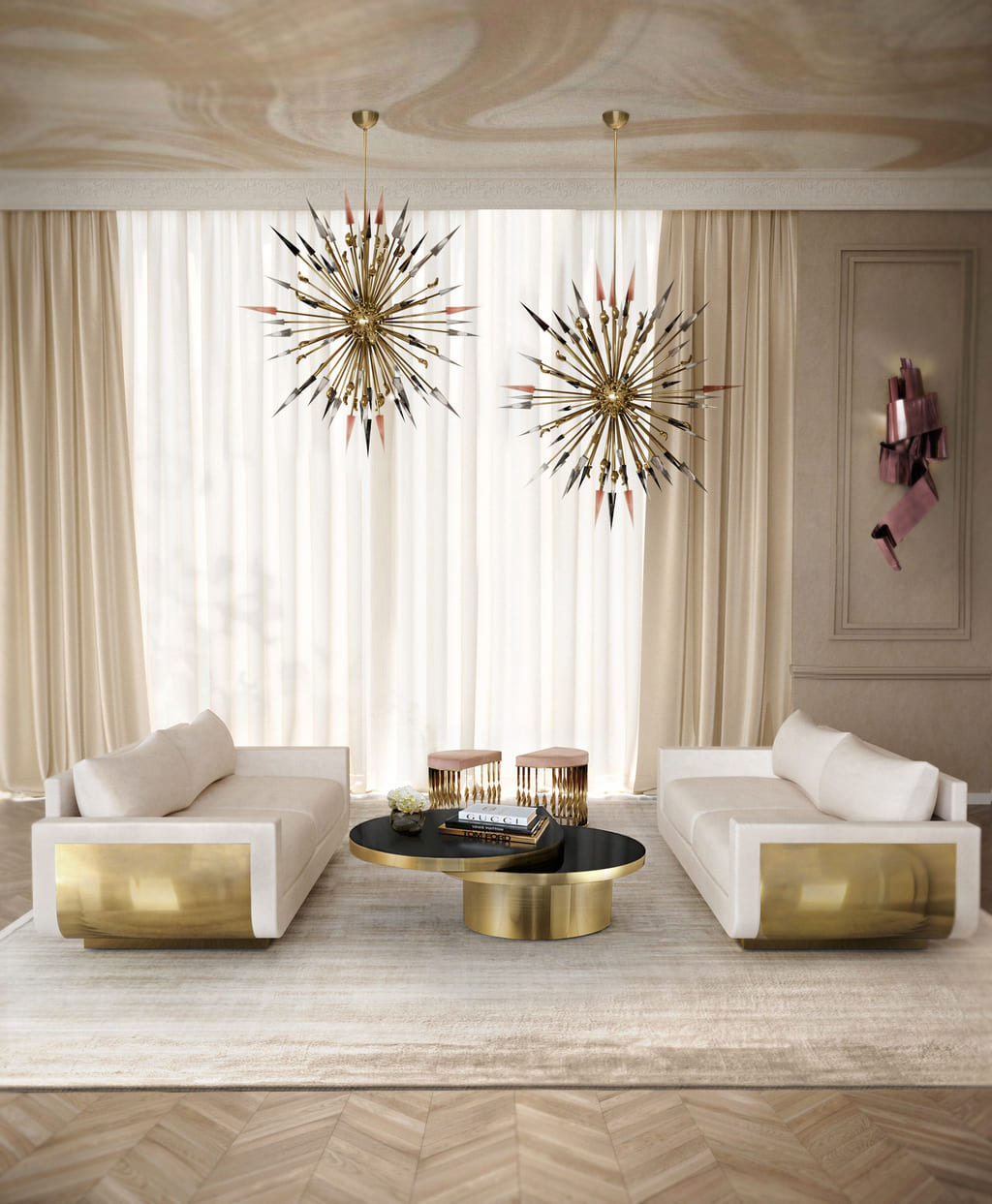 Brass hand chandelier with angled glass arrows, Outburst by KOKET