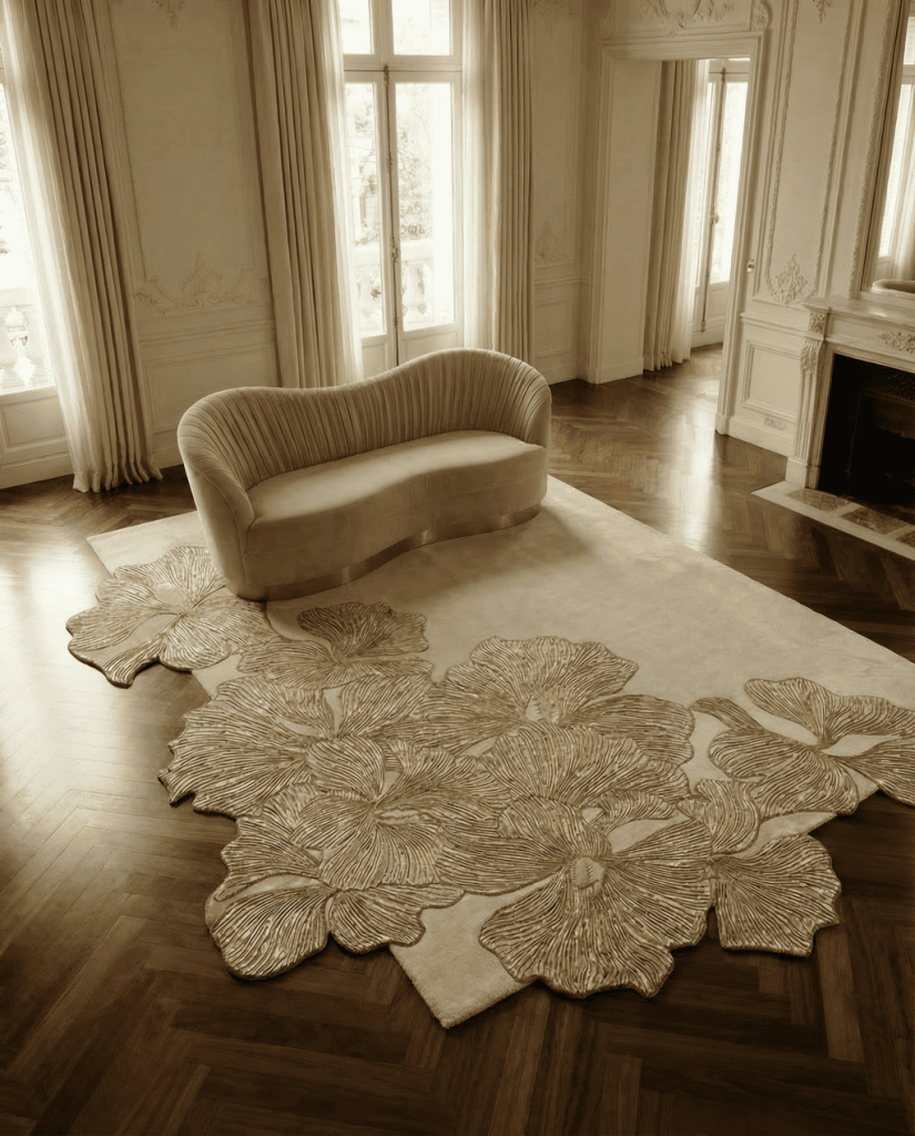 hibiscus cut out floral rug by KOKET made by Sahrai