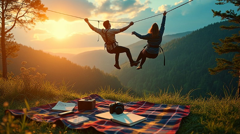 couple zip-lining at sunrise