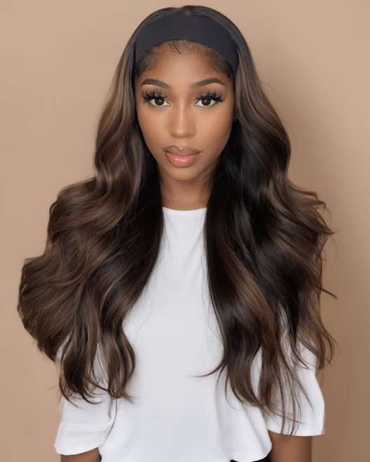 Woman using a headband wig