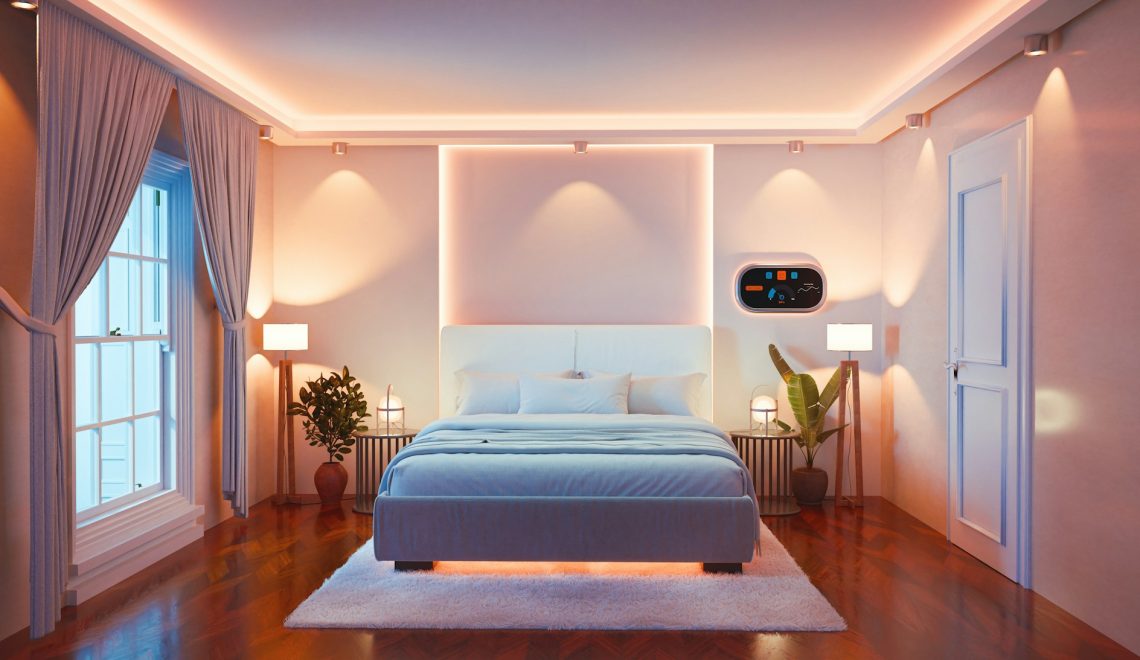 A bedroom with a large bed and wooden floors