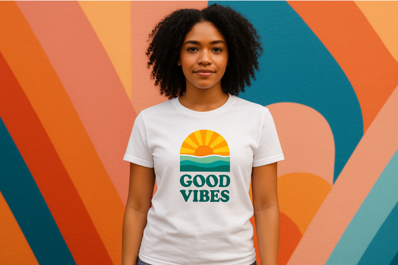 woman with a custom shirt looking at the camera