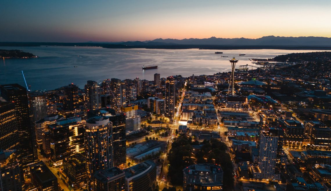 an aerial view of Seattle at night