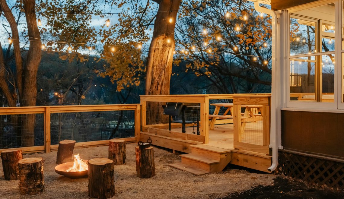fire pit and wooden deck