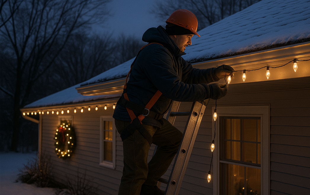 man installing holiday outdoor lights