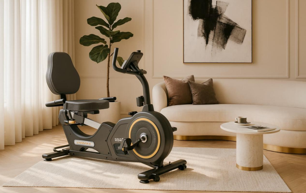 an exercise bike in a living room