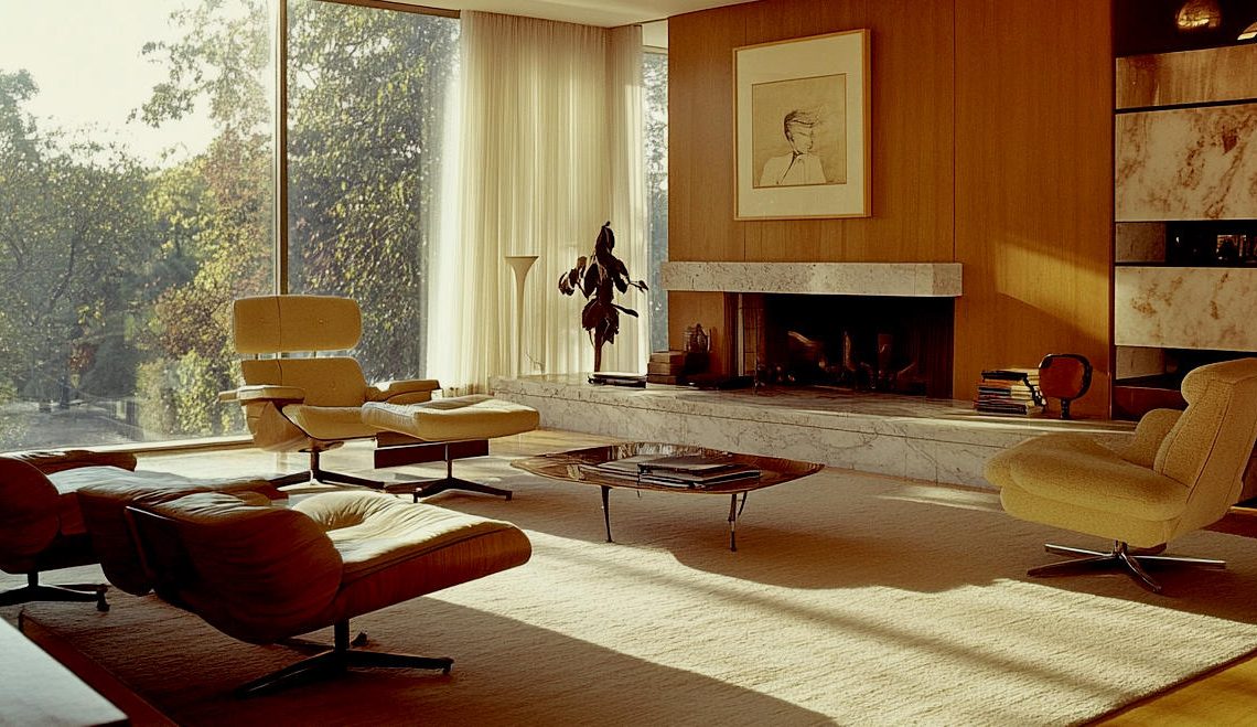 A mid-century modern living room with lounge chairs, a marble fireplace, large windows, and natural light filling the space
