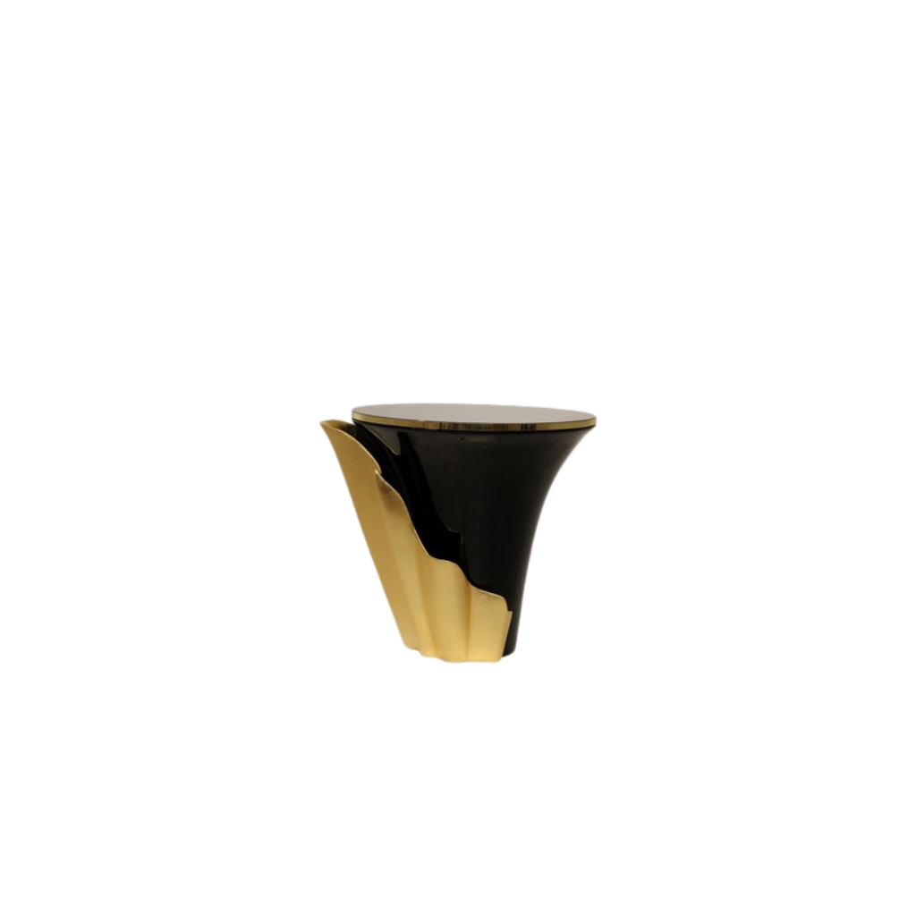unique feminine decorative side table round with brass black lacquer and marble top