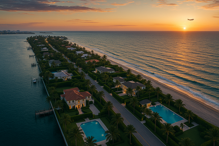 Aerial view of luxury beachfront homes at sunset