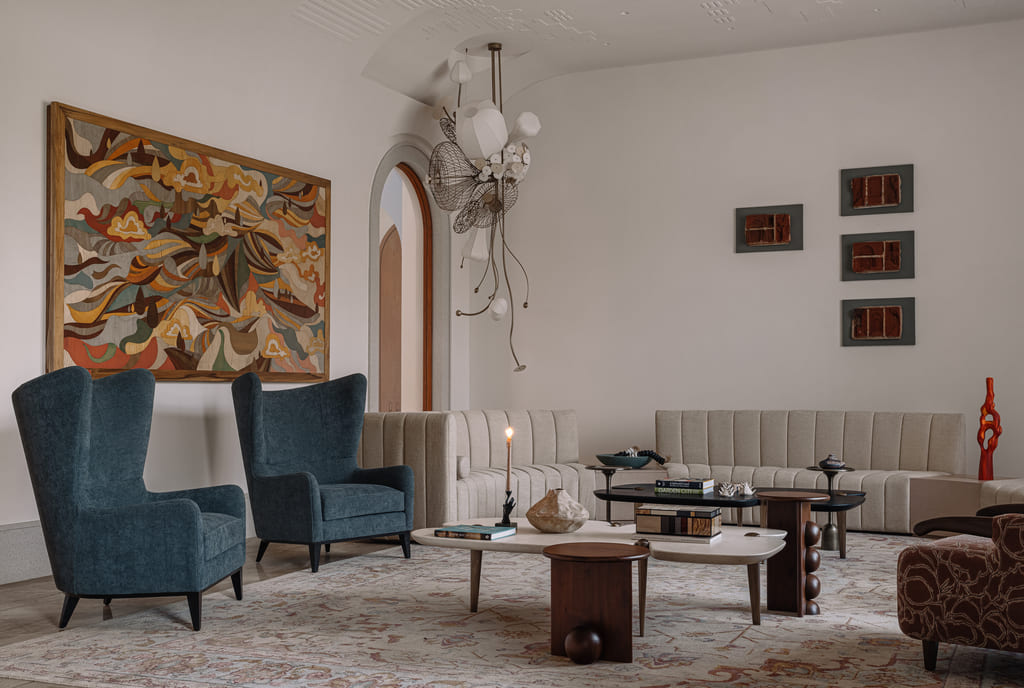 MuseLab | Rehethann, A Multigenerational Residence, Kutch, Gujarat, India living room statement lighting - interiors around the world