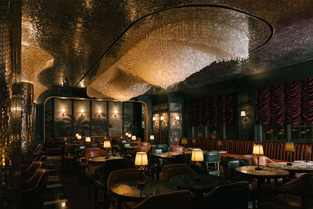 mother of pearl chandelier Qreative Design  Obica Restaurant, Adiiya, Manama, Bahrain - interiors around the world