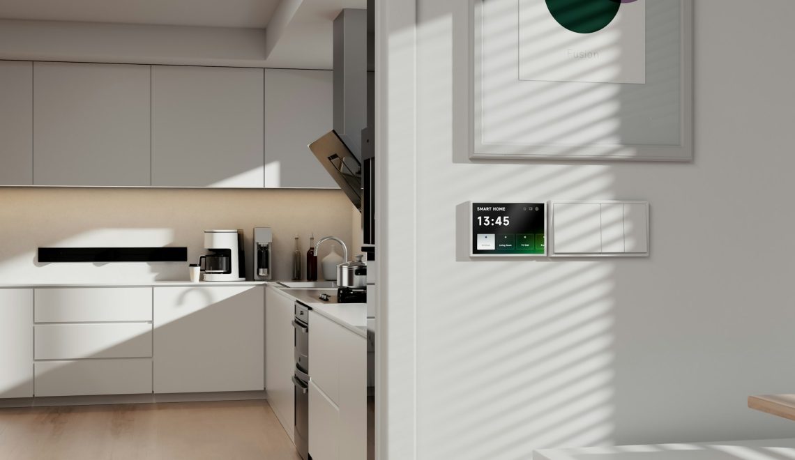 white kitchen with a smart home screen