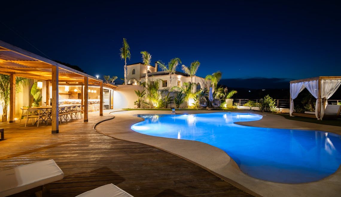 Luxurious Mediterranean Villa Poolside at Night