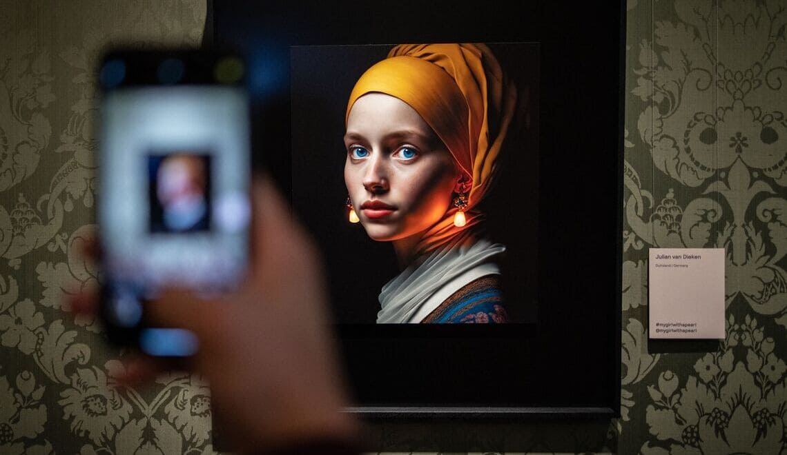 sensory design and the world of savoir-faire luxury in the age of AI - A visitor takes a picture with his mobile phone of an image designed with artificial intelligence by Berlin-based digital creator Julian van Dieken (C) inspired by Johannes Vermeer's painting "Girl with a Pearl Earring" at the Mauritshuis museum in The Hague on March 9, 2023. - Julian van Dieken's work made using artificial intelligence (AI) is part of the special installation of fans' recreations of Johannes Vermeer's painting "Girl with a Pearl Earring" on display at the Mauritshuis museum. (Photo by Simon Wohlfahrt / AFP) / RESTRICTED TO EDITORIAL USE - MANDATORY MENTION OF THE ARTIST UPON PUBLICATION - TO ILLUSTRATE THE EVENT AS SPECIFIED IN THE CAPTION (Photo by SIMON WOHLFAHRT/AFP via Getty Images)
